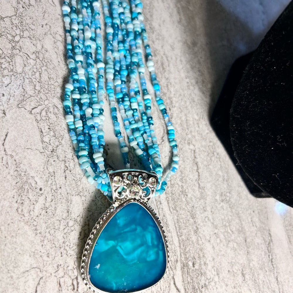 New Necklace Blue Turquoise Beaded Crystal Gem Boho Artsy Classic Statement - Picture 2 of 7